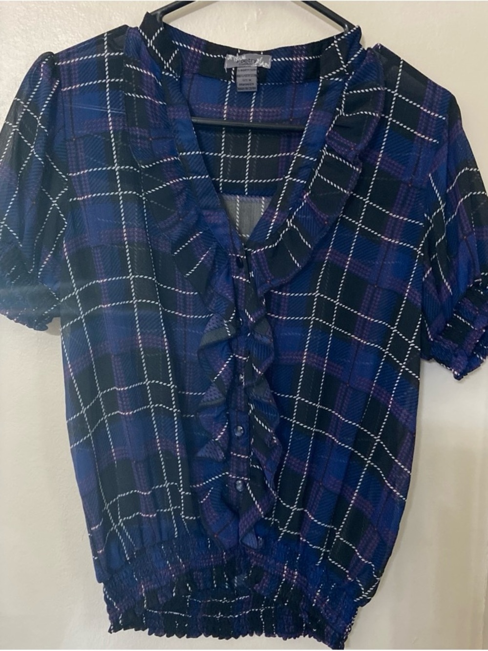 Poetry Blue Plaid Ruffle Front Short Sleeve Blouse